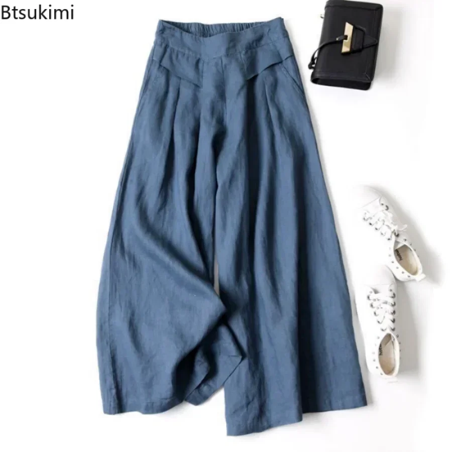 2025 Women's Casual Cotton Linen Wide-leg Pants Skirt Pants Loose Half Elastic Waist Slim Pants Women Streetwear Women Trousers