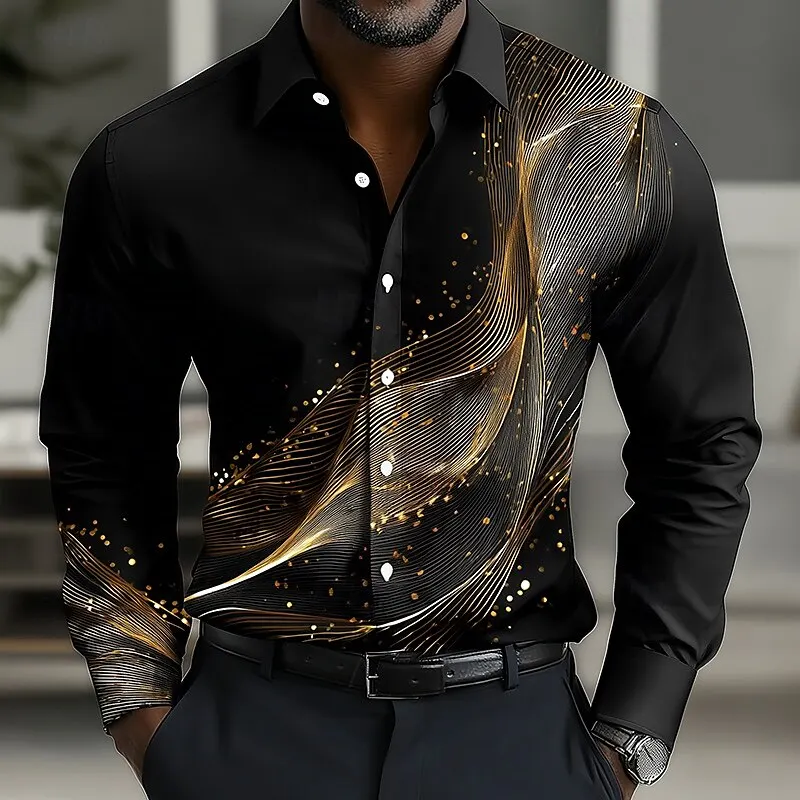 メンズ幾何学的なグラデーション波シャツボタンアップシャツカジュアル長袖ファッションストリート夏 3D プリント襟付きシャツ