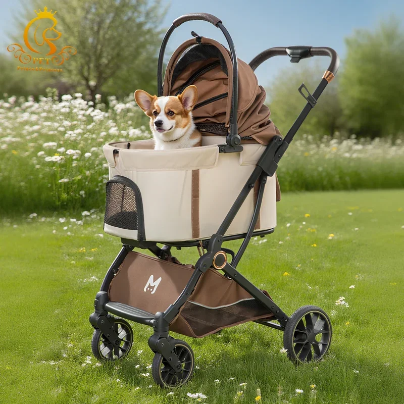 Customized Lightweight Aluminum Pet Stroller Folding Dog and Cat Carts With 4 Detachable Wheels and Basket for One Pet