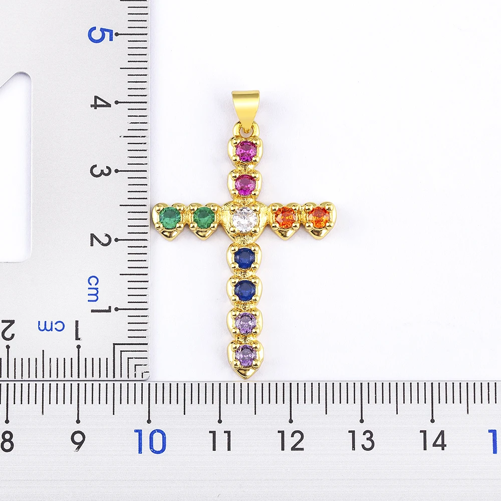 Nidin Vintage Colorful Heart Cubic Zircon Cross Necklace For Women Christian Rainbow CZ Pendant Fashion Jewelry Gifts Wholesale