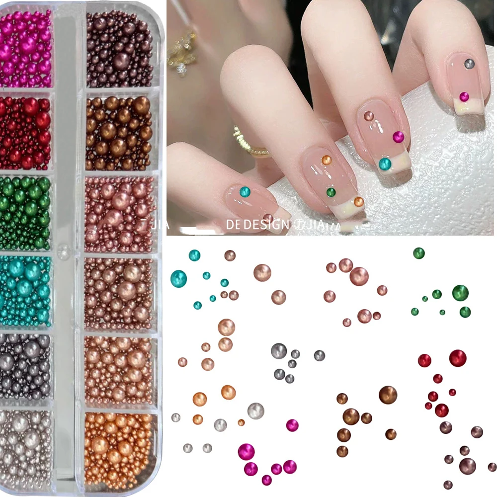 12グリッドミックスサイズクリスマスマカロンビーズネイルチャームカラフルラウンドパールラインストーンDIYウィンターフェスティバルネイルアートデコレーション