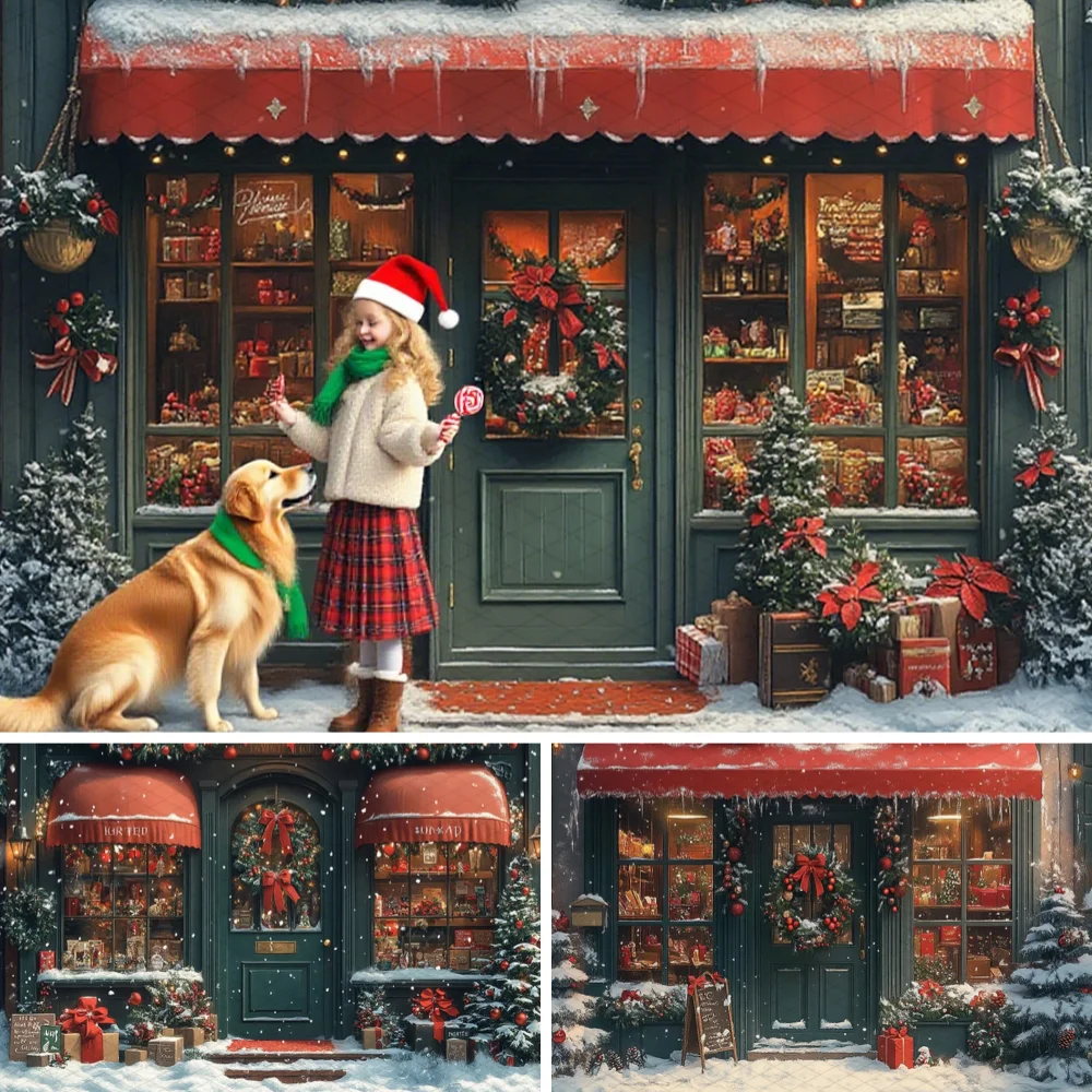 

Christmas Photography Backgrounds Green House Tree Party Photo Studio Backdrop Snowflakes Red Bow Door Winter Kid Portrait Decor