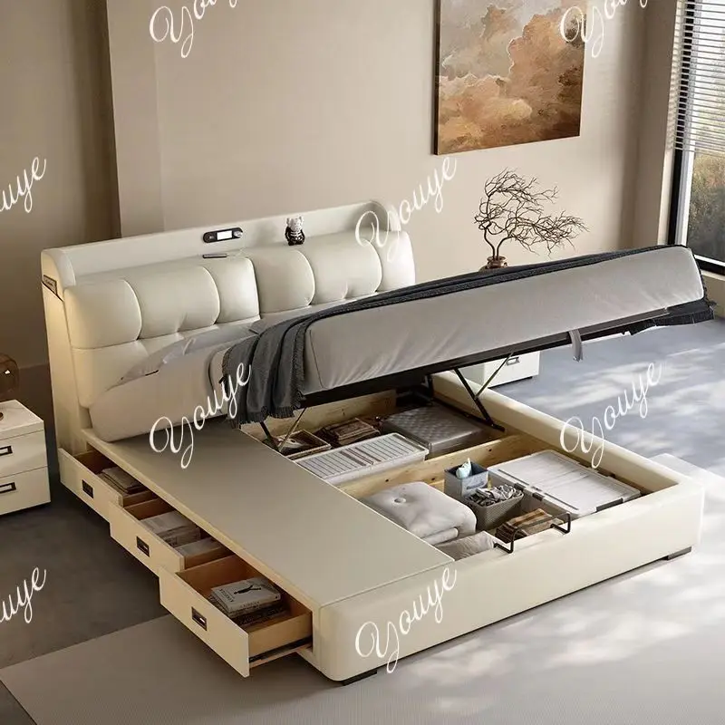 

Modern Home Master Bed with Hidden Safe, Leather Bed, Minimalist Bed, Double Storage Bed with Drawers