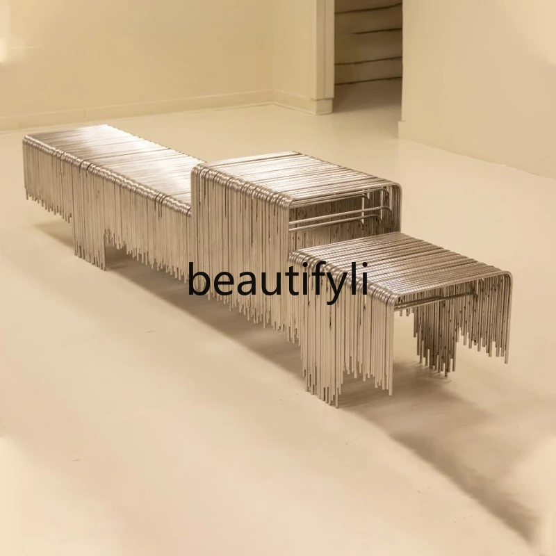 Creative art special-shaped stainless steel strip bench light luxury outdoor shopping mall leisure seat