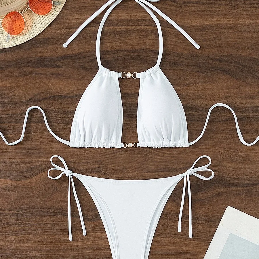 Conjunto de Bikini de dos piezas para mujer, traje de baño con abertura hueca y cordones laterales, Sexy, novedad de verano 2024