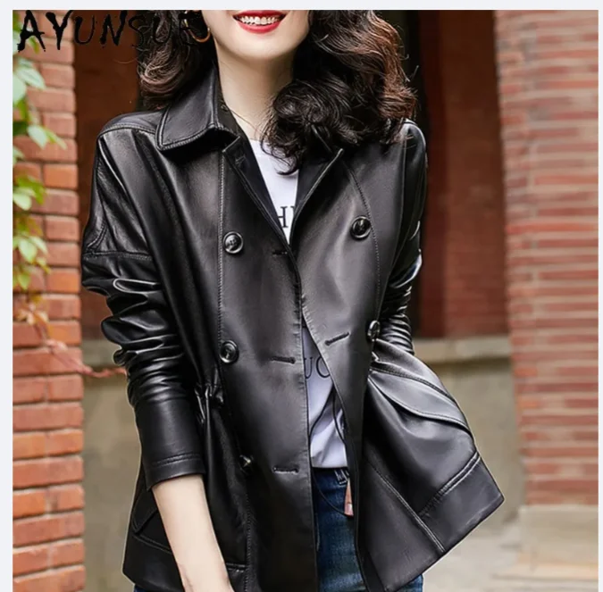 AYUNSUE 진짜 가죽 자켓 여성 가을 ​​옷 중간 길이 트렌치 코트 양피 여성 코트 더블 브레스트 Jaqueta De Couro