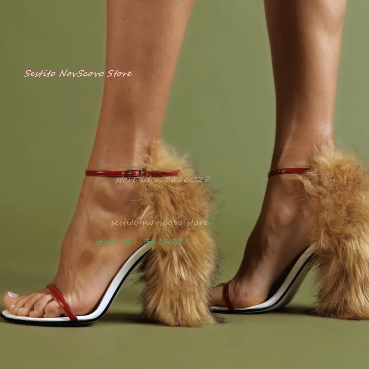 

Women's Open Toe Furry Sandals with Slender Upper Mixed Color Ankle Straps Buckle Stiletto High Heels Summer Sexy Women Footwear