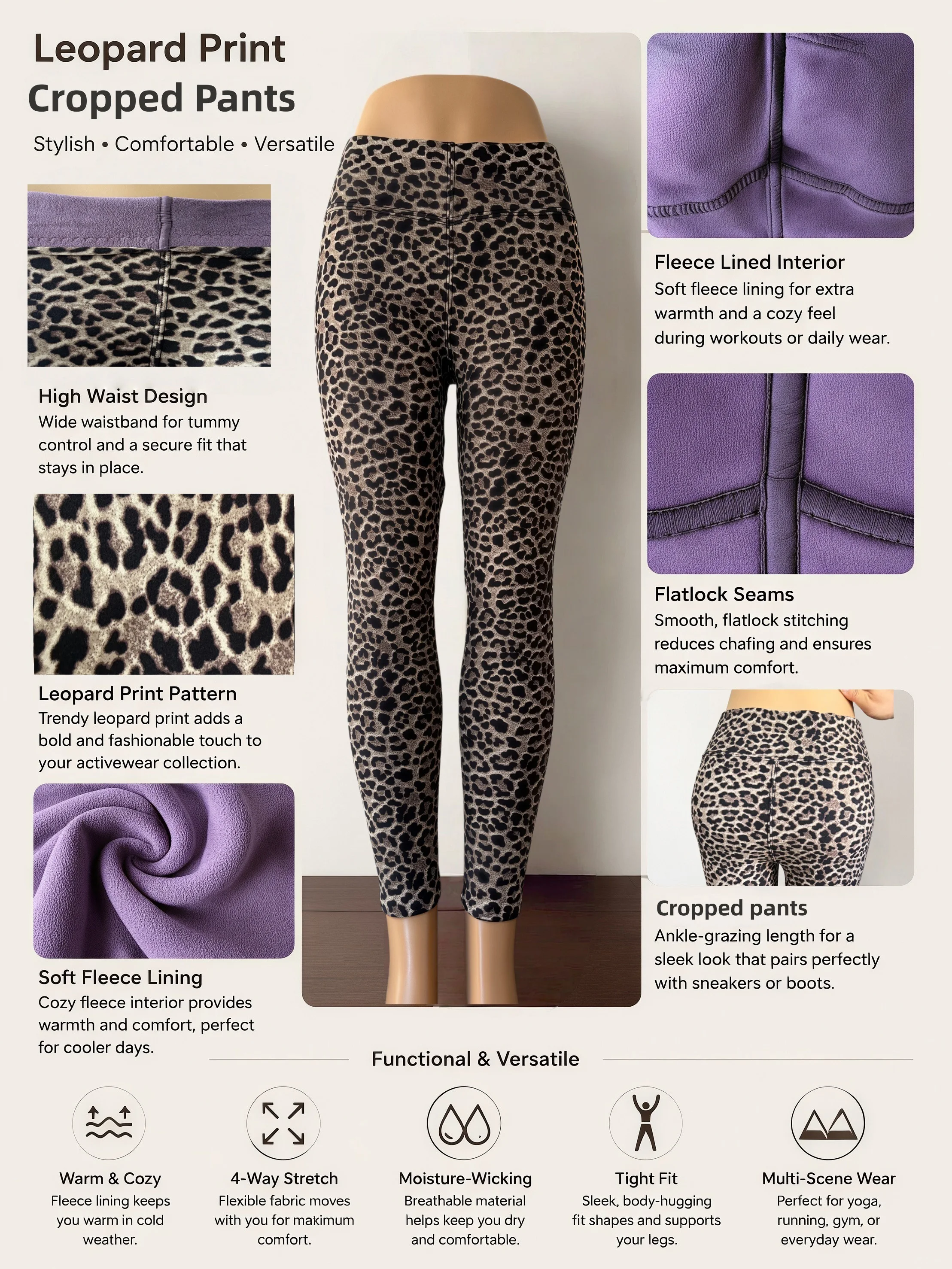 Women's Vintage Wild Leopard Print Fleece Lined V-Shaped  Ankle Leggings Purple Lining Heat Lock Cold Resistant Skinny  Pants view 3