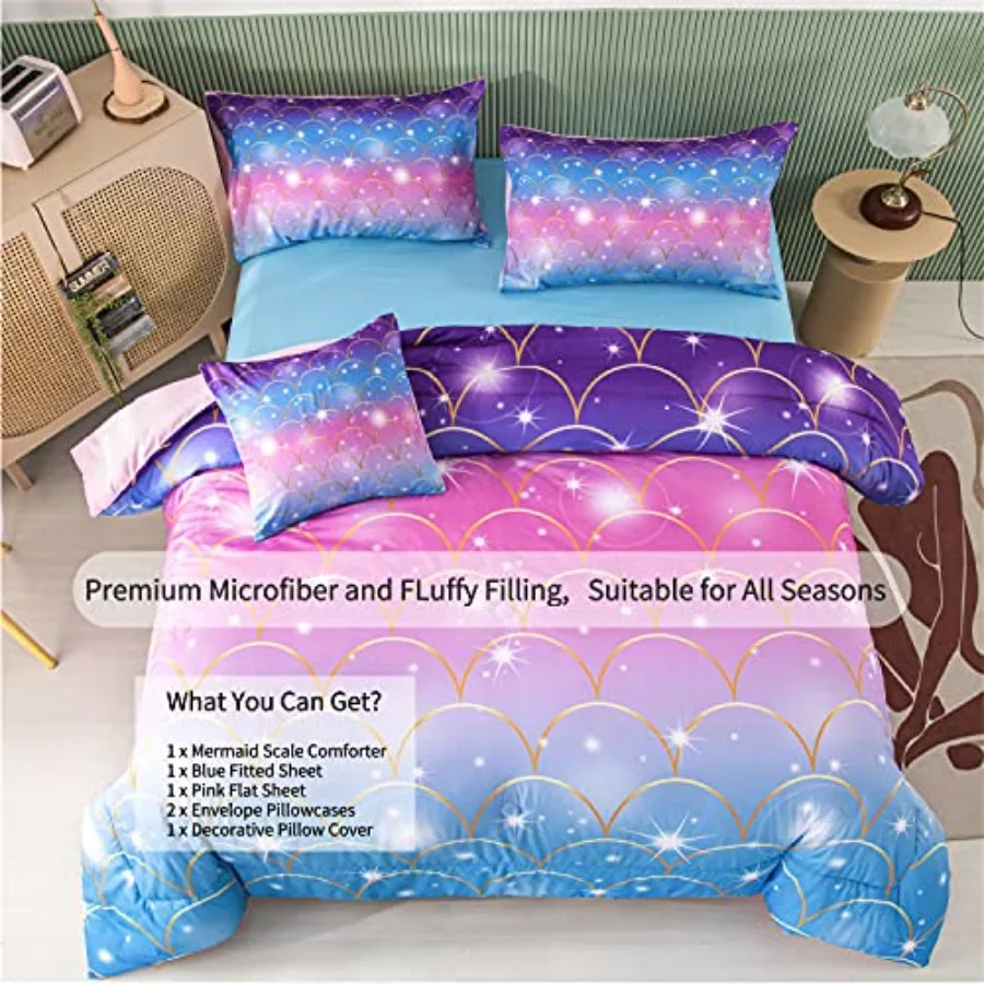 6Pcs Teal Pink Sparkle Comforter Sets Size, 3D Rainbow Glitter Girls Bedding Sets, Ombre Pastel Fish Scale Bedding Collection S