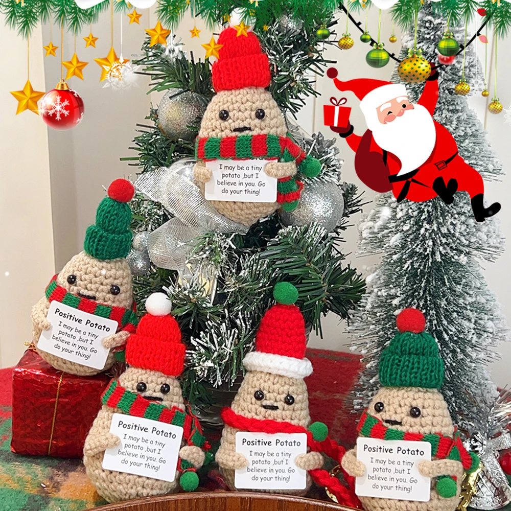 1-5Pcs Emotional Support Potato Christmas Positive Energy Stuffed Doll Crochet Knitting Potatoes With Santa Hat New Year Decor