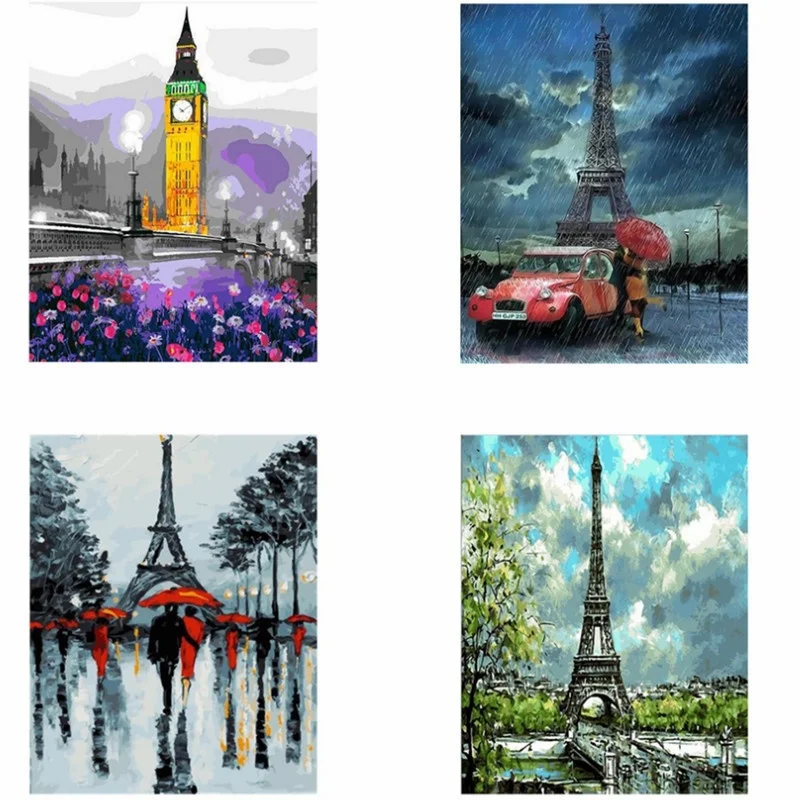 

1Pc Paris Eiffel Tower Scenery Series DIY Oil Painting By Number Paint Drawing Coloring Number On Canvas Handmade