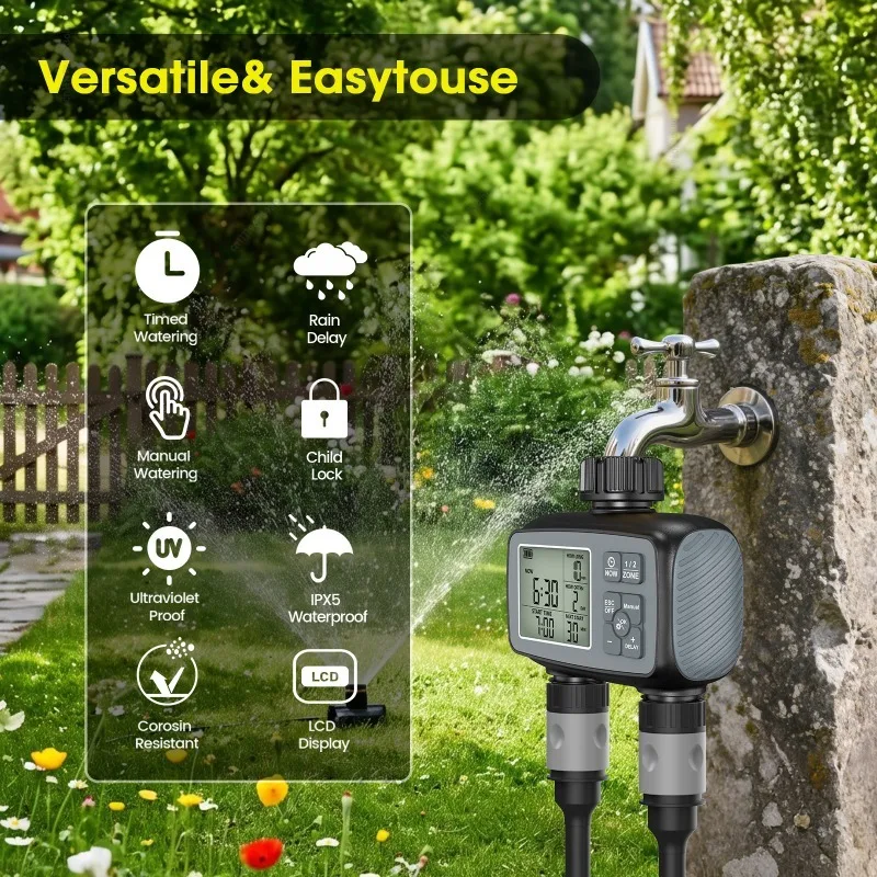 Smart Irrigation Timer with Dual Outlet Valve, Automatic Watering Controller for Outdoor Garden Yard