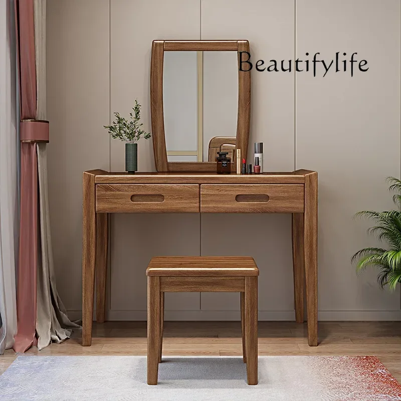 Meja Rias Kayu Solid Walnut 2 Laci Set Meja Rias Cermin Sederhana Bangku Laci Meja Rias Kamar Tidur Kayu