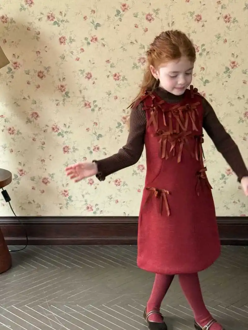 2025 خريف شتاء جديد الكورية الفتيات الصوفية القوس سترة تنورة الفتيات المخملية ملابس السنة الجديدة فستان