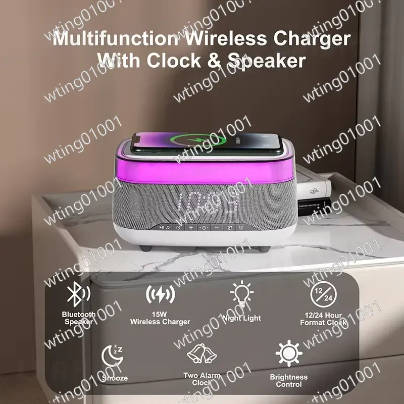 for Multifunction Smart Blue Tooth Speaker with Wireless Charger and Alarm Clock