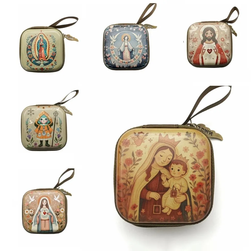 Portable Virgin Mary Prayer Rosary Storage Bag 7x7cm Zippered Religious Articles Cartoon Elegant Christian Jewelry Box Devotees