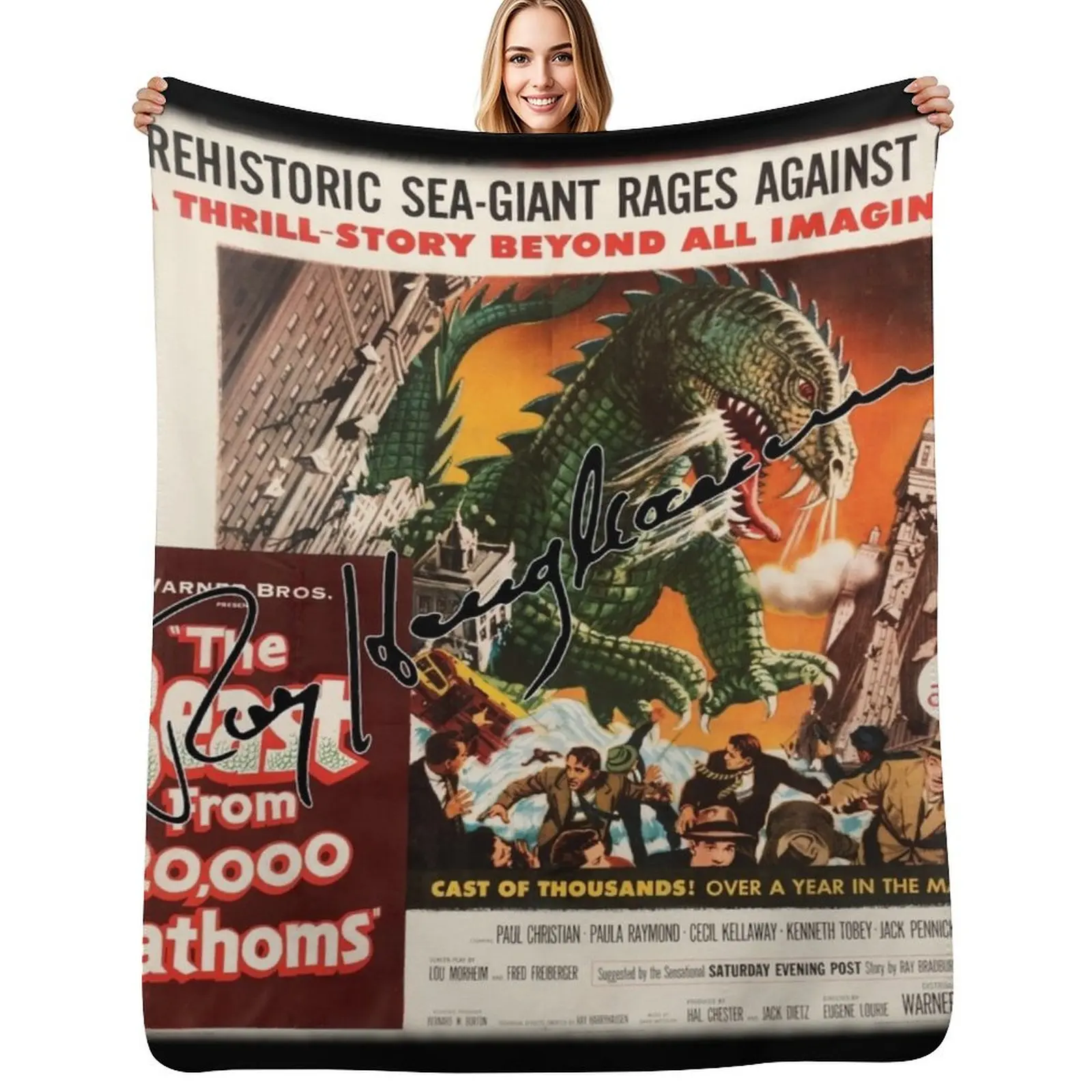 The Beast From 20,000 Fathoms, Large - Ray Harryhausen Signature. Throw Blanket Soft Solid Color Blanket for Couch Bed