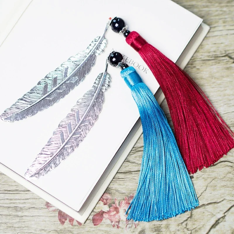 Fashion Classical Chinese Style Silver Metal Leaf Feather Tassel Bookmark Document Book Mark Label Christmas Gifts