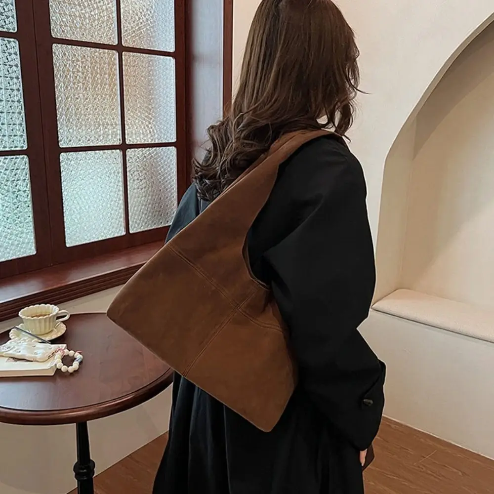 

Casual Handbag Suede Shoulder Bag Large Capacity Solid Color Hobo Bag Brown Korean Style Ladies Tote Bag Shopping
