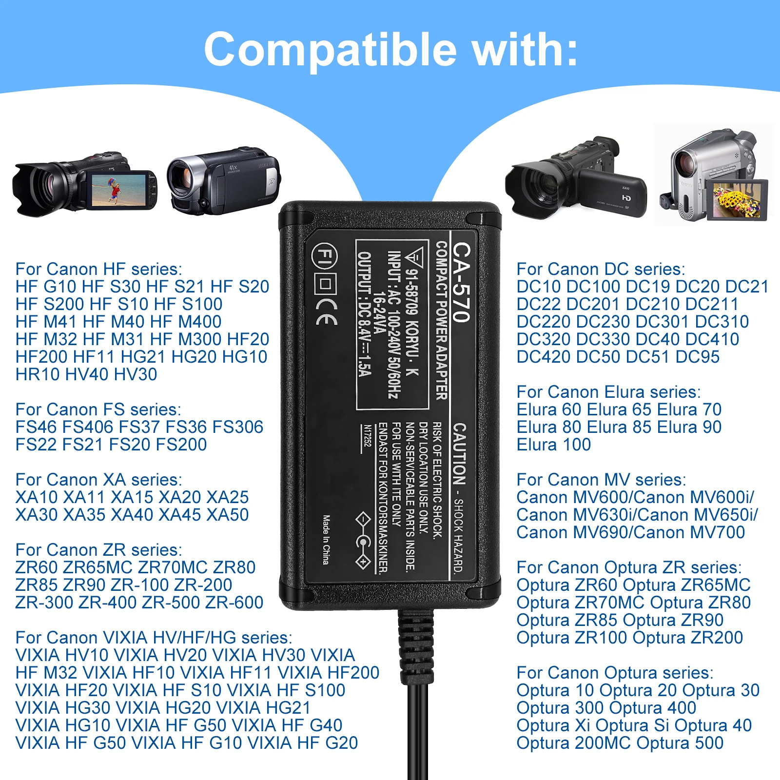 CA-570 Adapter/Charger for Canon R60 ZR65MC ZR70MCDC10 DC100 DC19 DC20 DC21 LEGRIA HF G30 XA10 XA20 XA25 XC10 Canon EOS 5D EOS 4