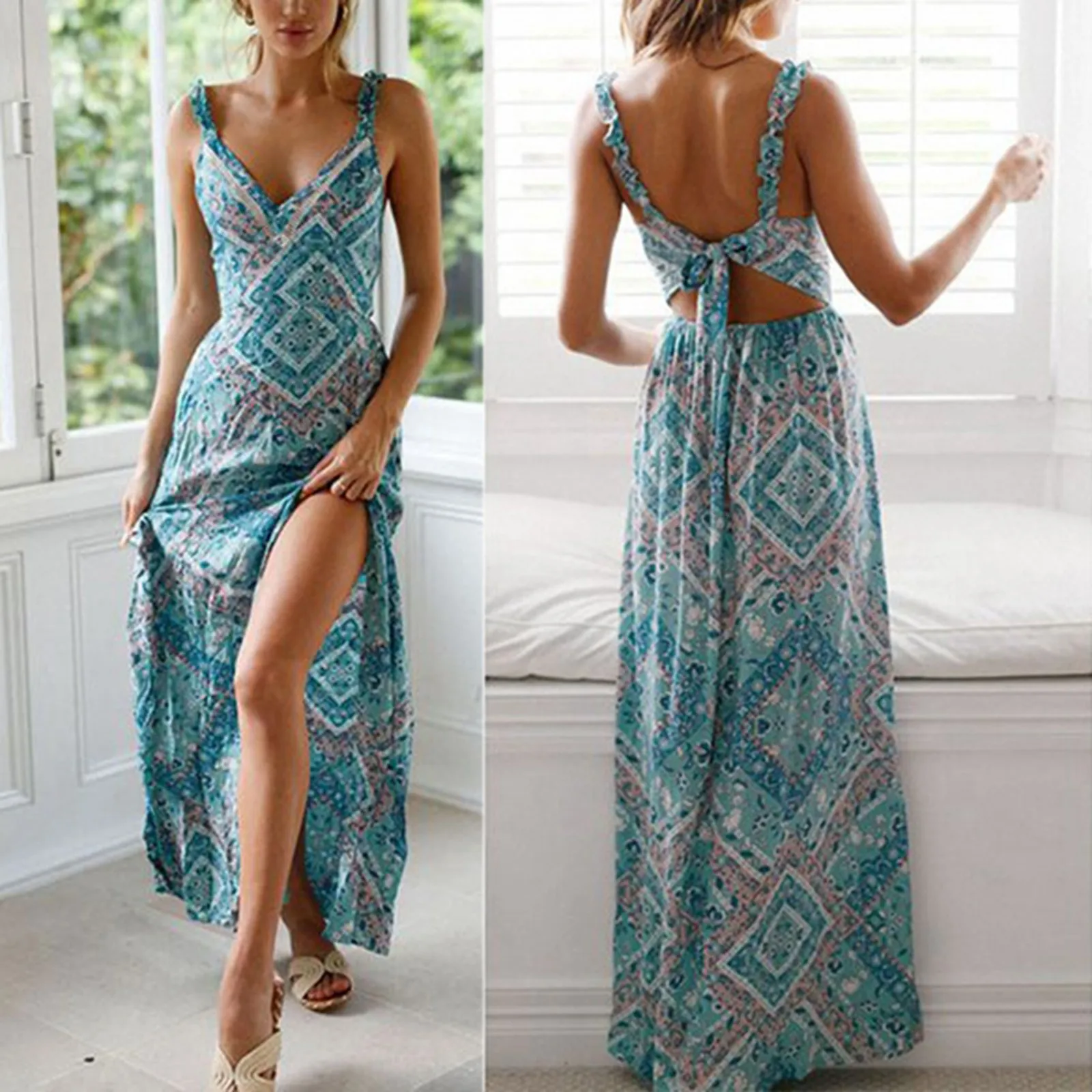 

Sexy Dress Print Halter Maxi Dress Women Summer 2022 New Fashion Sexy Backless Vintage Party Club Boho Long Dress