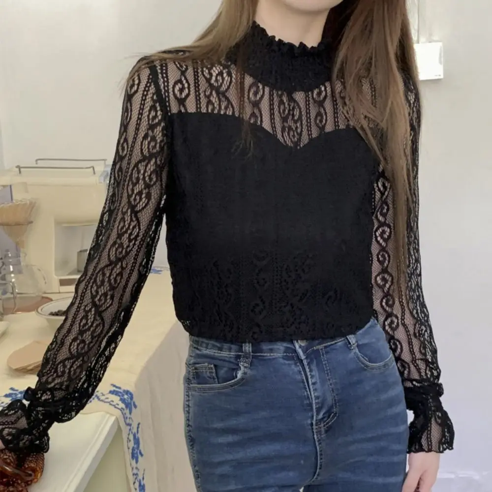 Pullover Lace Flower Top Women See Through Blouse Transparent Long Sleeved Top Streetwear Half High Collar