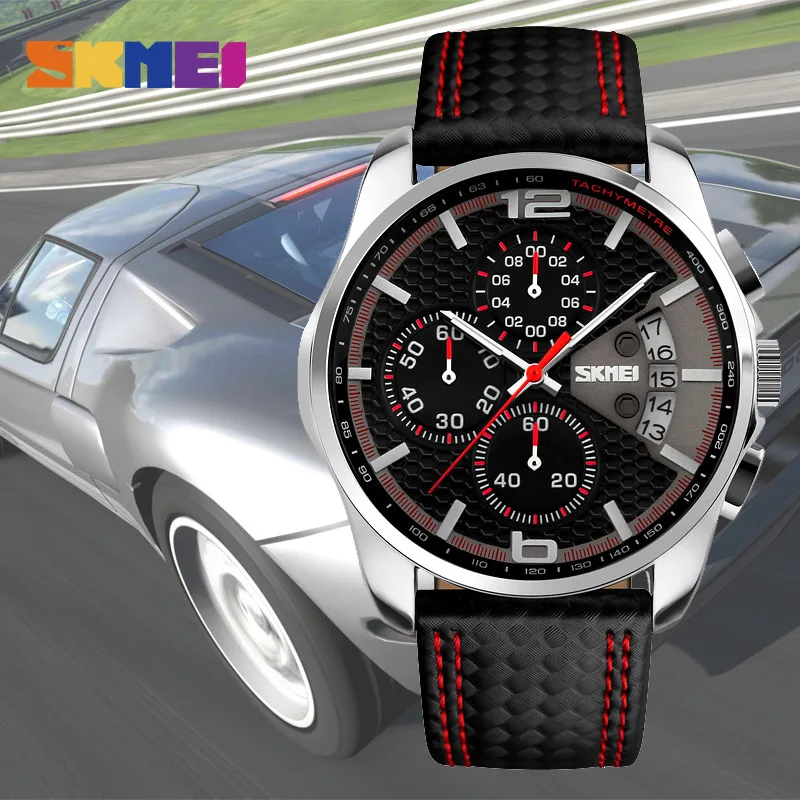 Skmei moda esporte dos homens relógios marca superior pulseira de couro luxo 5bar à prova dwaterproof água quartzo relógios pulso relogio masculino