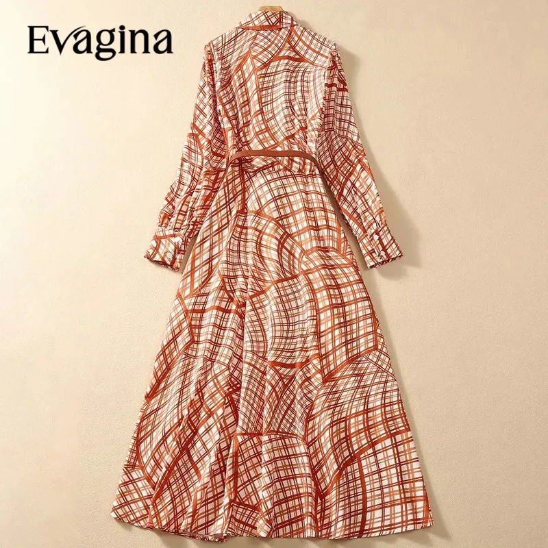 Evagina New Fashion Runway Designer Women's Scarf Collar Long Sleeved Geometric Plaid Detachable Waistband Elegant Dress