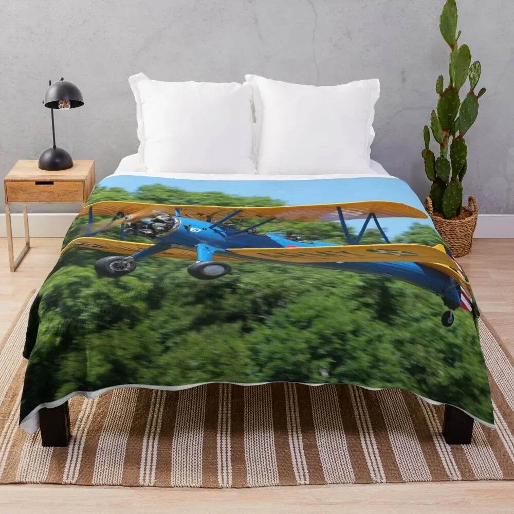 Boeing-Stearman Kaydet Biplane Trainer Aircraft Taking Off Throw Blanket Bed Softest Blankets