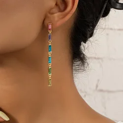 Gold Plated Jewelry Long Colorful Rainbow Rhinestone Crystal Baguette Gemstone Statement Drop Earrings for Women 2023 Trending