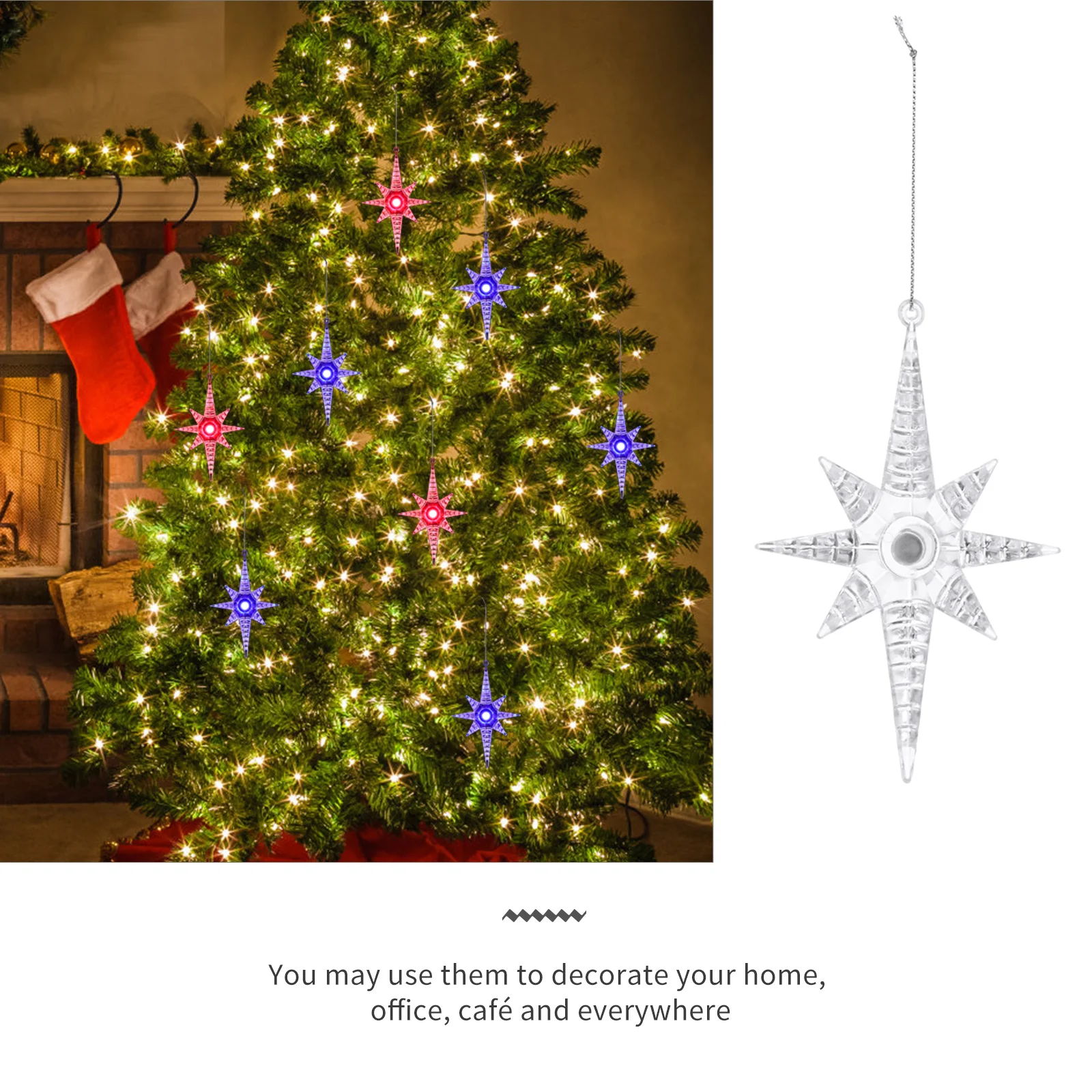 

5Pcs Glitters Eight Pointed Star Christmas Ornaments LED Lit Pendant for Home Office Decor Xmas Star Ornament