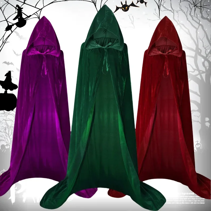 Adult Kids Halloween Pleuche Velvet Cloak Cape Hooded Medieval Costume Witch Wicca Vampire Halloween Cosplay Costume Cape