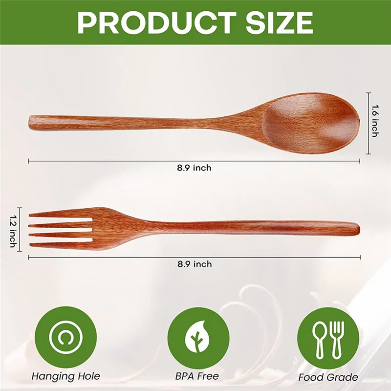 ABRW-8Pcs Wooden Spoons Forks Set, Japanese Style Wooden Utensil Set, Handmade Kitchen Spoon, Reusable Travel Flatware Set