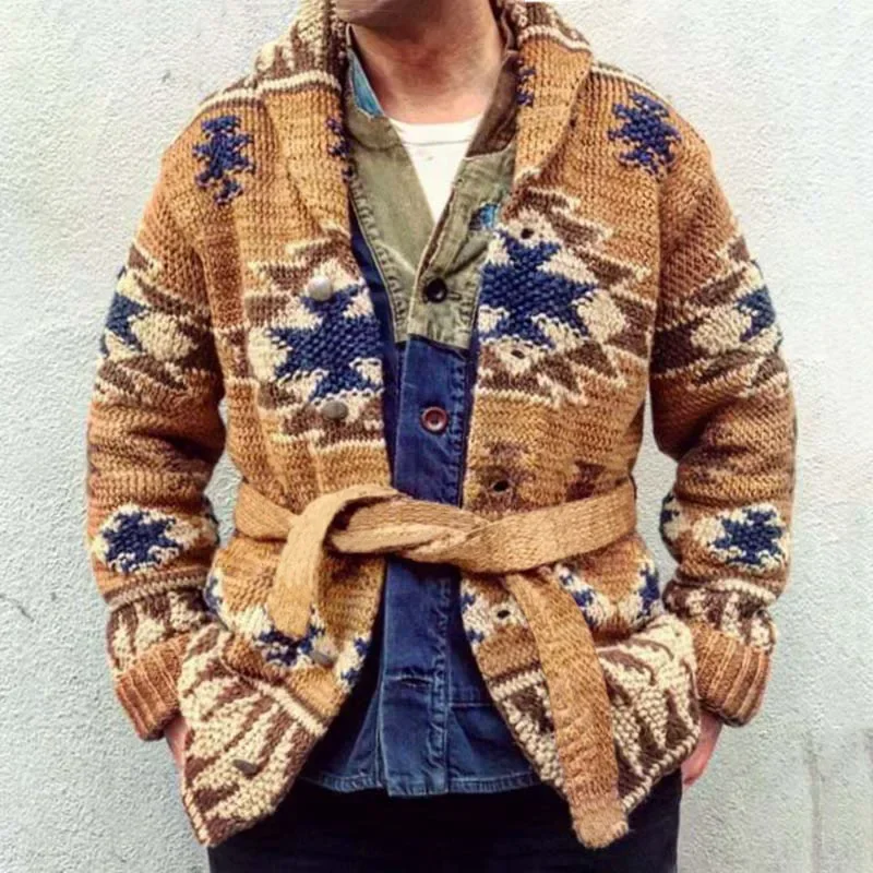

Europe and The United States Men Heavy Jacquard Fashion Sweater Autumn and Winter Retro Casual Thick Cardigan Knit Sweater Coat