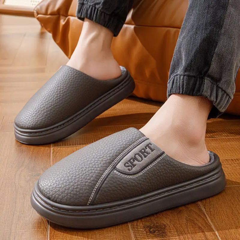 

Men's Winter Thick Fleece Lined Cotton Slippers Extra Large Size Warm Indoor Anti Slip Thick Sole Thermal Footwear