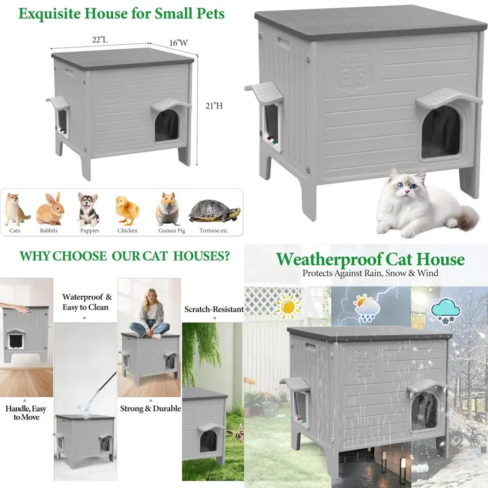 

Weatherproof Outdoor Plastic Cat House with Escape Door for Indoor and Outdoor Use, Suitable for Cats, Puppies, and Rabbits (Gre