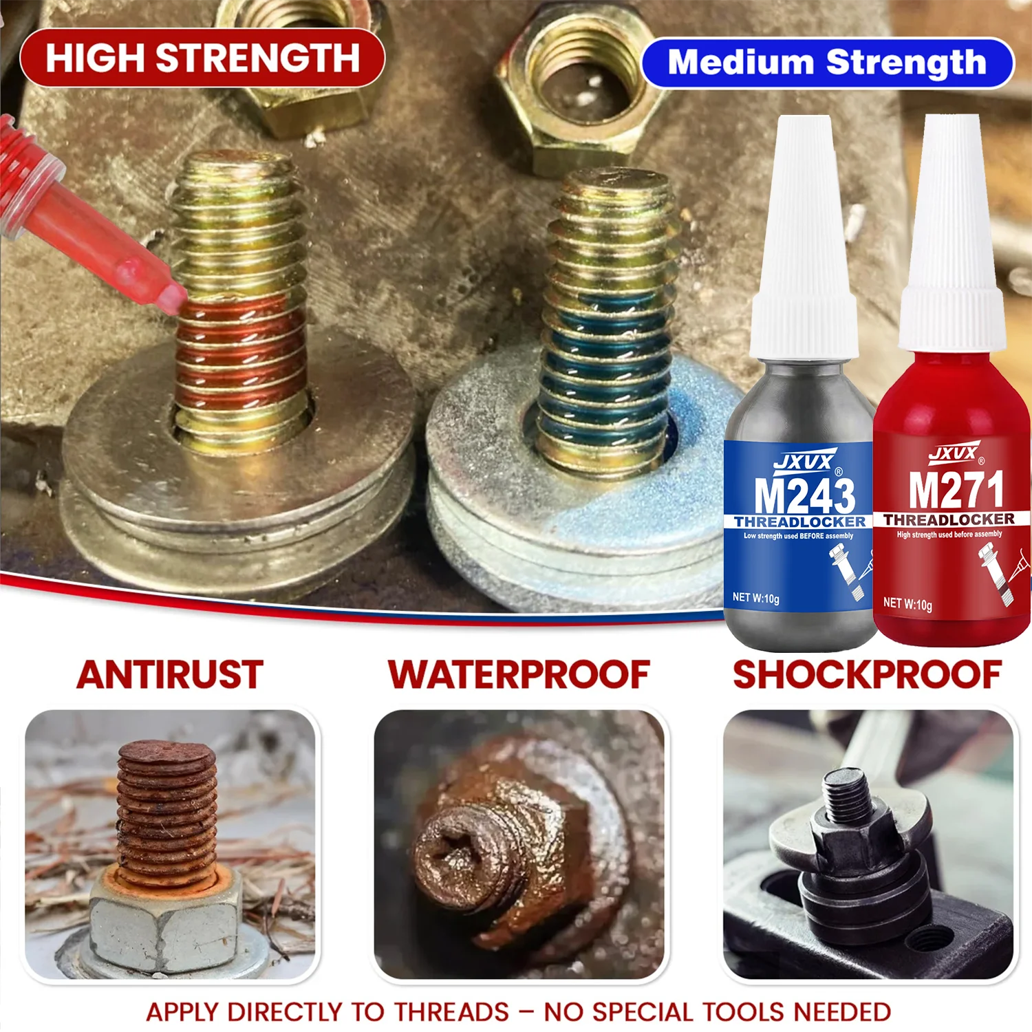 243/271 Threadlocker High temperature Anaerobic Screw Glue Strong Anti-slip Fastening Blue/Rred Thread Locker Medium And Strength Resistant Removable Industrial Sealant 6PCS.