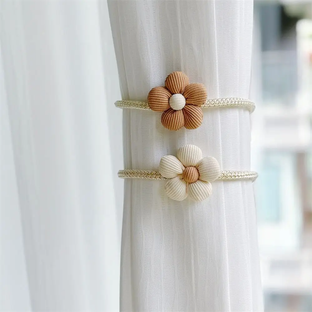 2Pcs Cute Flower Shape Curtain Tiebacks Pearl Buckle No Punching Curtain Buckles Nordic Style Binding Rope Home Decoration