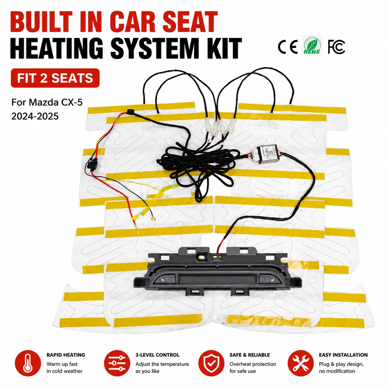 12V Built in Car Seat Heating System Kit Fit 2 seats, With Dedicated Switches & Heating pads, Suitable For Mazda CX-5 2024-2025