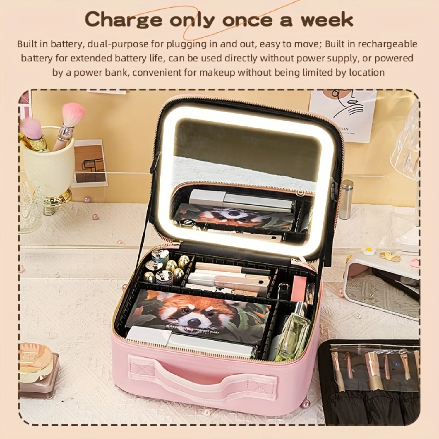 Portable Makeup Bag with Mirror and Light for Travel - Cosmetic Organizer