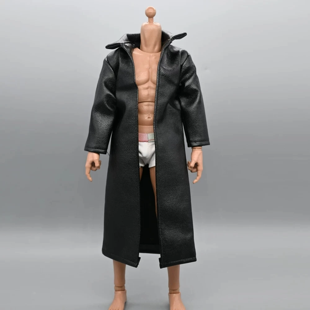 Mittellanger schwarzer Ledermantel im Maßstab 1:6, Modell-Outfit, Kleidung für 12-Zoll-Figuren, Körperdekorationen, DIY