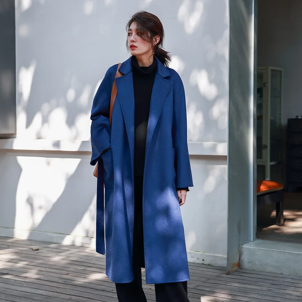 Winter Coat Women Long Water Ripple Cashmere Coat Casual Fashion Loose Camel Wool Coat Black Caramel Tie Coat Green Coat XL