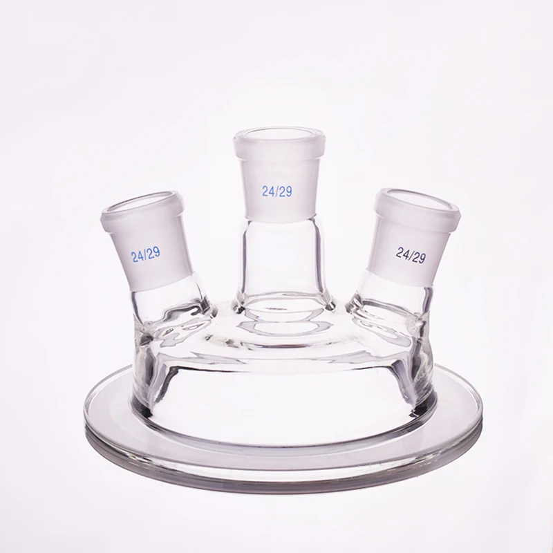 

Three ground mouth reaction bottle cap,100mm/150mm/200mm/230mm flange,Oblique shape,Mid 24/29,Side 24/29,Glass cover