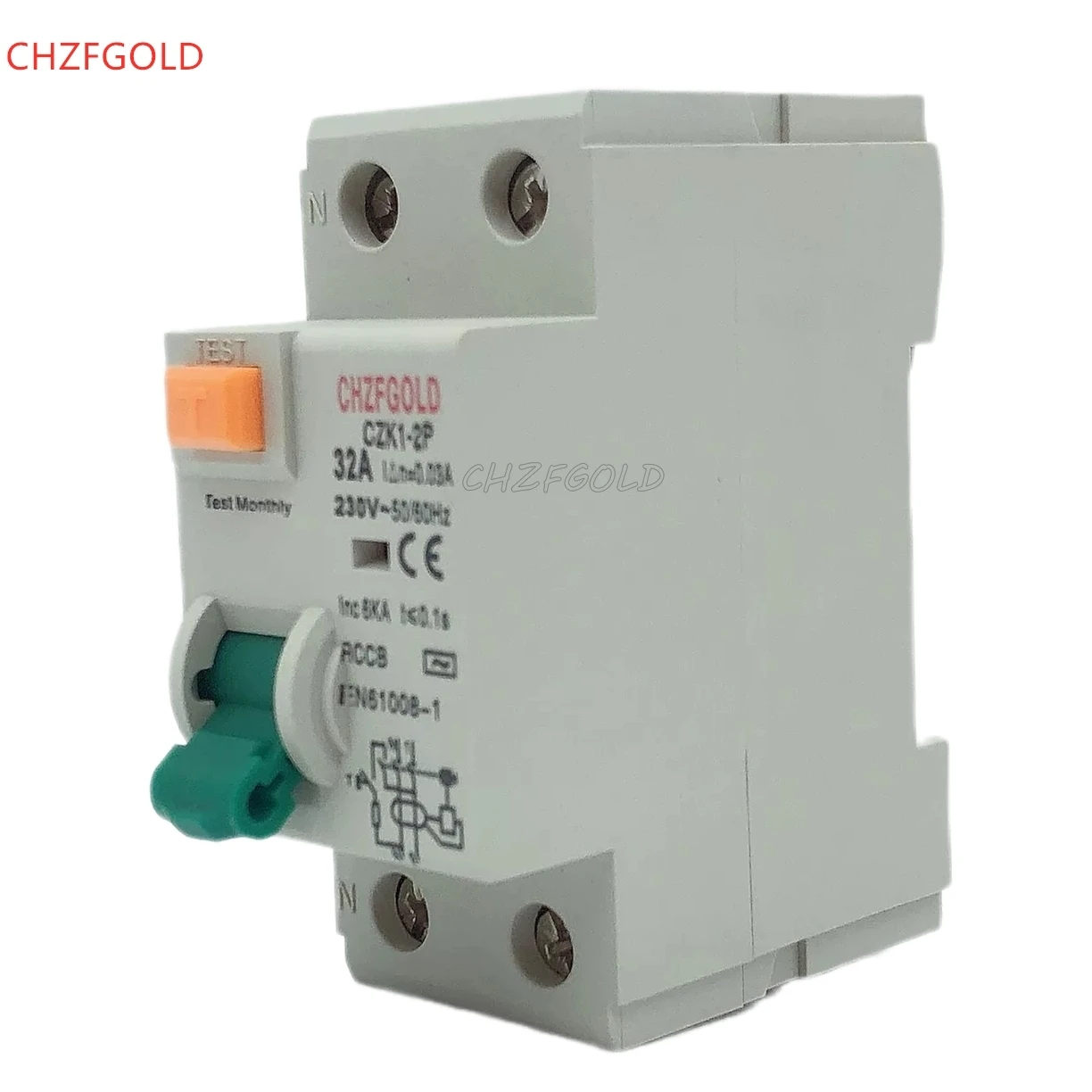 CHZFGOLD CZK6 RCCB10KA 1P+N RCD63A  Circuit Breaker Differential Breaker Safety Switch 10mA 16A  63A 10mA 30mA 100mA 6KA