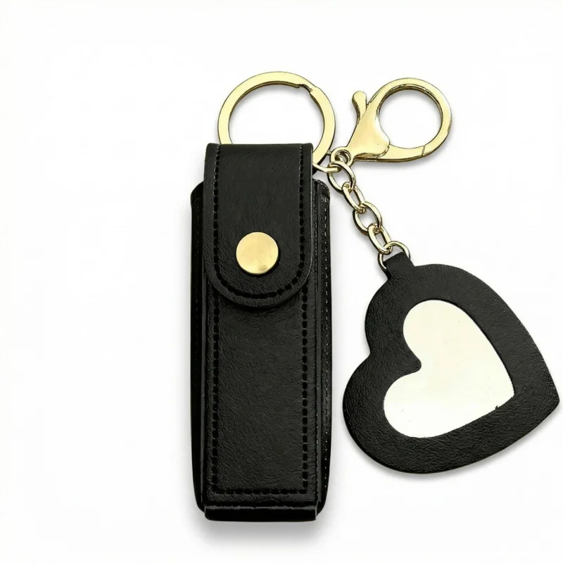 Portable Leather Lipstick Holder Keychain Heart Mirror Lip Balm Case Custom Engraved Keyring Gift For Women Girls Bag Charm