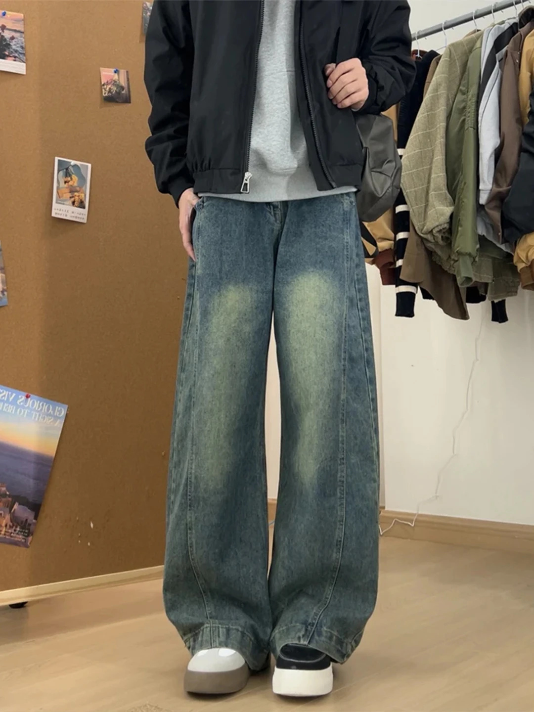 

American Sle Cleanfit Wide Leg Knife Jeans Men's Autumn Winter Trendy Brand Fce Thiened Straight Casual Pants