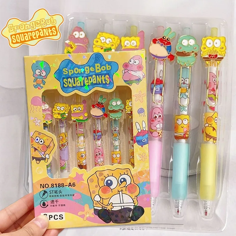 6pcs SpongeBob Gel Pens Quick Drying Cartoon Black 0.5mm Press Ballpoint Pen Cute Students Kawaii Writing Drawing Stationery