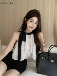 Halter Bow Sleeveless Blouses Women Tender Sexy Sweet Females Aesthetic New Arrival Korean Style 2022 Summer Tops Mujer Casual