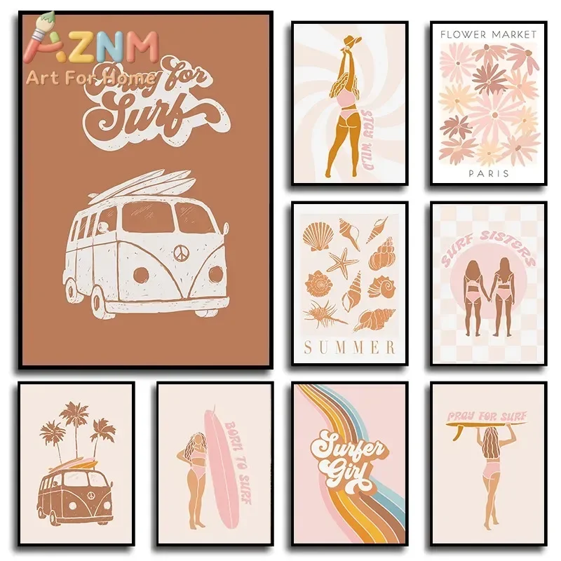 AZNM Retro Summer Surf Girl Canvas Wall Art Boho Beach Van Seashell Palm Tree Art Print Unframed Canvas Poster for Bedroom Dorm