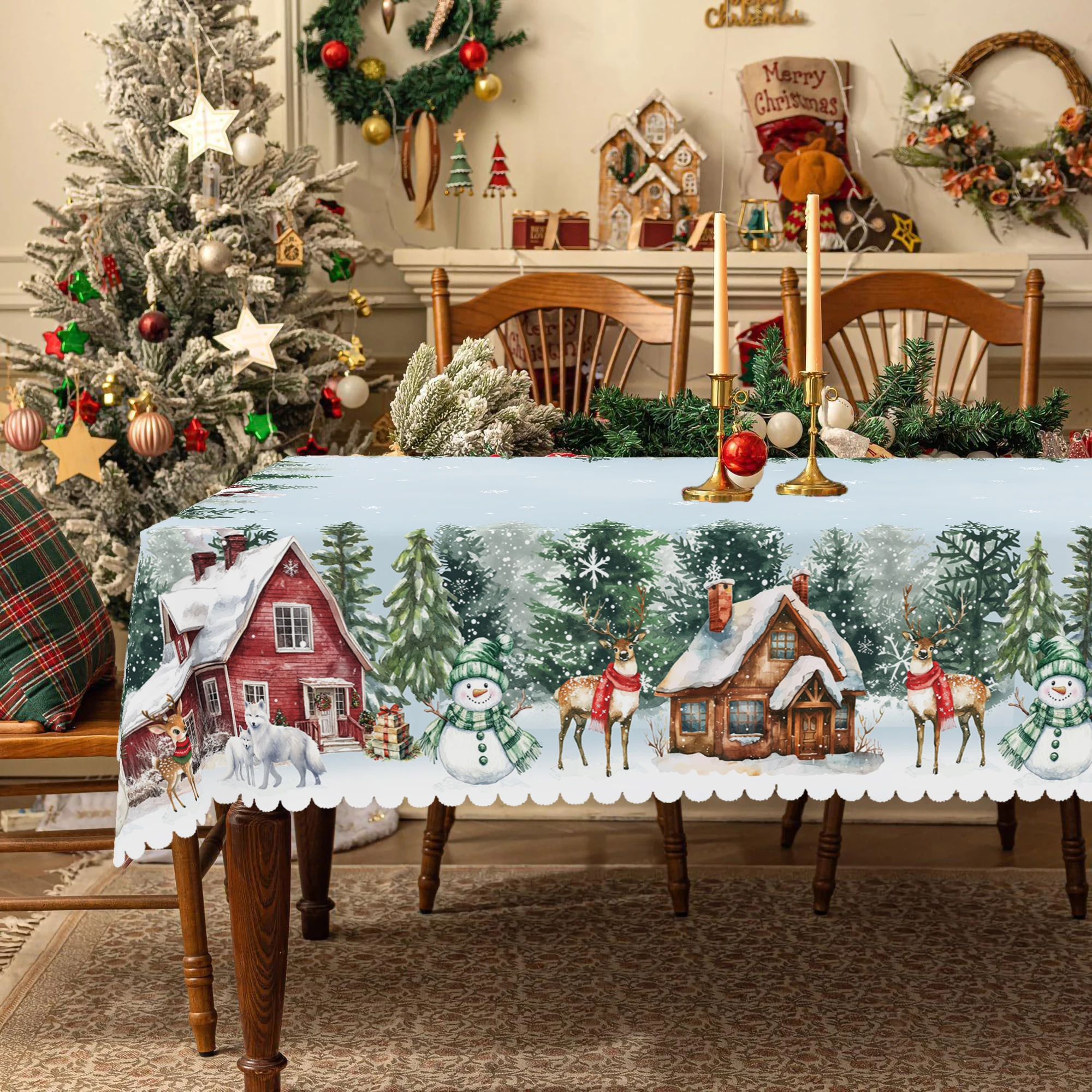 1 Piece Christmas Round and Rectangular Tablecloth, Various Sizes, Christmas Snowman, Forest Scenery Pattern Snowflake Blue Tablecloth for Daily Home Kitchen, Terrace, New Year Gift